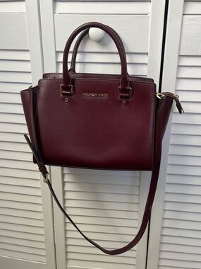 Michael Kors Wine Saffiano Leather Satchel with Crossbody Strap